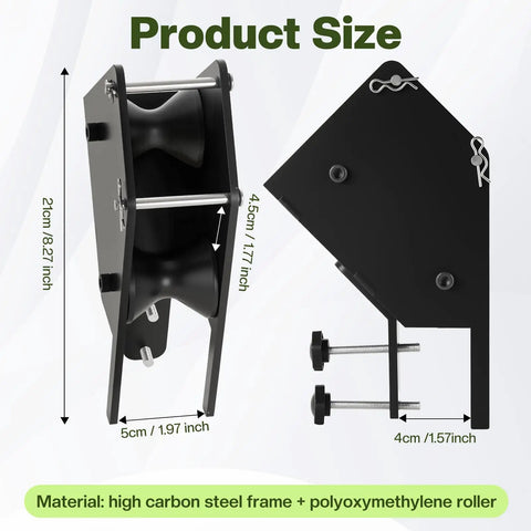 Pro Grade Well Pump Puller With POM Roller and Removable Side Rails, showing dimensions and materials, high carbon steel and POM