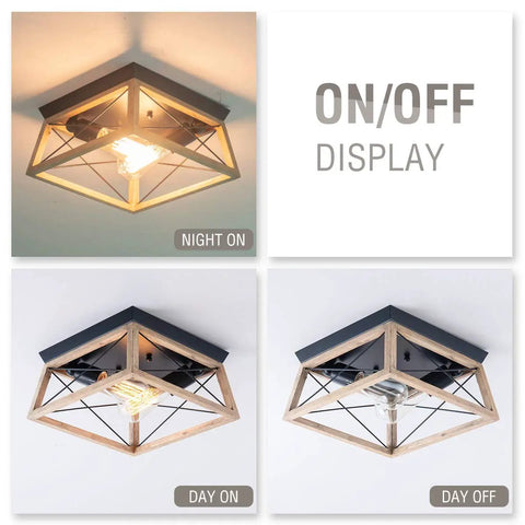 Farmhouse Wood Flush Mount Ceiling Light Fixture With Two Lights Square Batten Design For Hallway Entryway Dining Kitchen Rustic Modern Look And Cozy Industrial Vibe