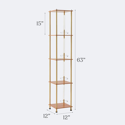 Measurements of Gold Brass Floor Lamp With Wooden Shelf And Built In Wireless Charging Station Narrow Free Standing LED Column Tower