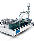 Smooth Operator Single Head Pneumatic Liquid Filler For Oils And Pastes Featuring Slick Controls And Zero Stress Setup For Bottles Sized From Five Hundred To Five Thousand Milliliters, showcasing compact design and fittings.