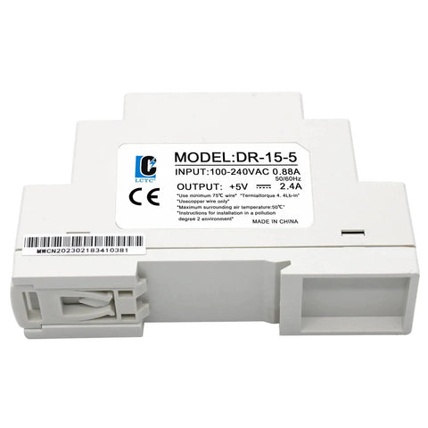 Din Rail Slim 5V Power Supply 15W 2.4A Plug And Play Switching Adapter for Control Panels, white rectangular unit with labels