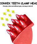 Red pallet puller clamp head with convex teeth (close-up view)