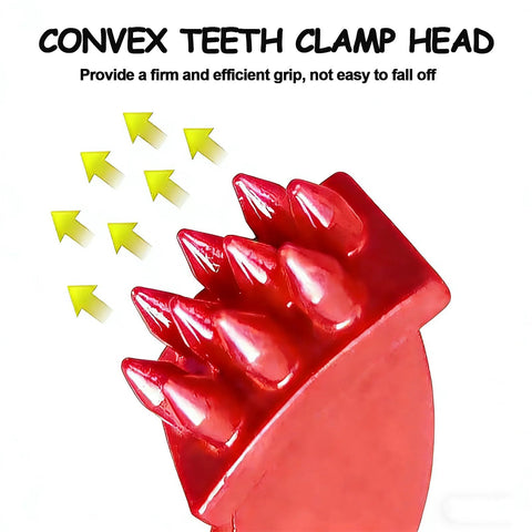 Red pallet puller clamp head with convex teeth (close-up view)