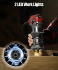 A person using a Beefy Compact Wood Router With 6.5 Amp 1.25 HP Power, Fixed Base, on wood with LED work lights visible.