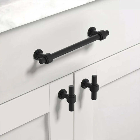 Hella Sleek 10 Pack Matte Black Cabinet Handles Five Inch Drawer Pulls For Modern Kitchen Cupboard Hardware on white cabinets.