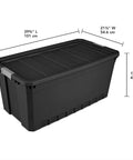 Heavy Duty Workhorse Plastic Storage Totes 50 Gallon Bulk Nine Pack Featuring Secure Snap Latching Lids Stackable Bin Set dimensions shown, 39.75" L x 21.5" W x 17.875" H.
