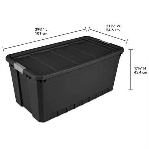 Heavy Duty Workhorse Plastic Storage Totes 50 Gallon Bulk Nine Pack Featuring Secure Snap Latching Lids Stackable Bin Set dimensions shown, 39.75" L x 21.5" W x 17.875" H.