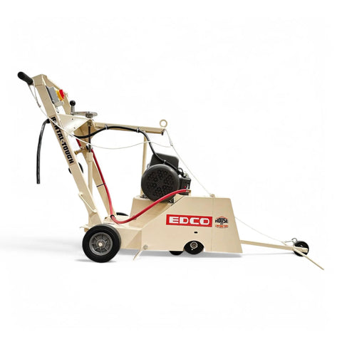 Rugged No Fuss 18 Inch Electric Walk Behind Saw Equipped With A Game Changing Five Horsepower Motor For Clean Down Cutting Up To Six And Three Quarters Inches, side view with handle and motor detail.