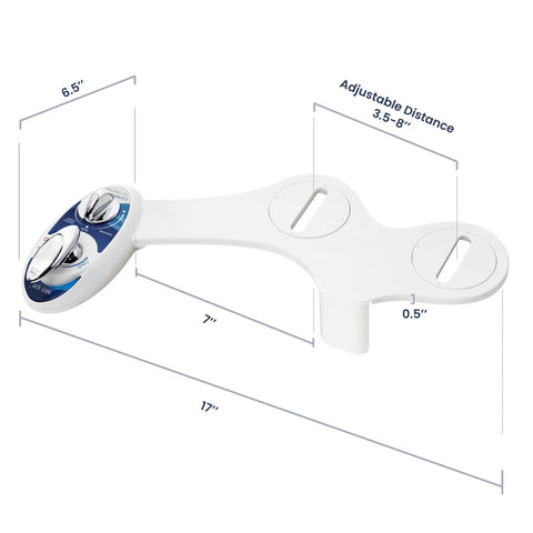 Warm Water Bidet Attachment With Dual Nozzles Self Cleaning Non Electric Toilet Seat Attachment Easy Install Adjustable Water Pressure Rear And Feminine Wash Blue, top view with measurements.