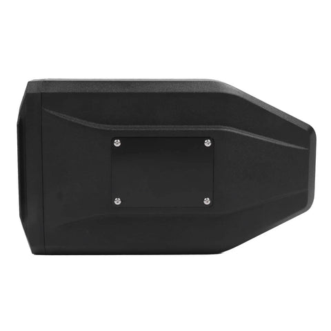 Heavy Duty ABS Motorcycle Side Toolbox Featuring Rugged Stainless Steel Brackets For Secure Tool Stash viewed from the side.