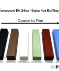 Knockout Six Piece Metal Polish Compound Kit 24 Oz Heavy Duty Buffing Paste Bars in assorted colors for auto detailing.