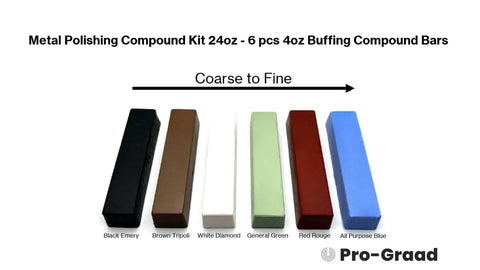 Knockout Six Piece Metal Polish Compound Kit 24 Oz Heavy Duty Buffing Paste Bars in assorted colors for auto detailing.