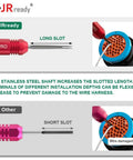 Comparison of JRready long slot versus other short slot for wire damage prevention shown in tool insertion