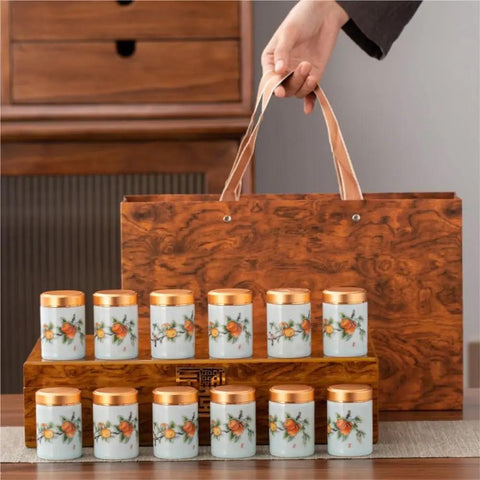 Top Tier Ceramic Food Storage Jars Set Of Twelve With Airtight Snap Lids For Spices Tea And Coffee Beans, displayed in gift box.