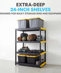 Four Tier Heavy Duty Plastic Storage Shelving Unit With 24 Inch Deep Bins For Garage And Basement Setup Rock Solid Modular Rack with bins and gear.