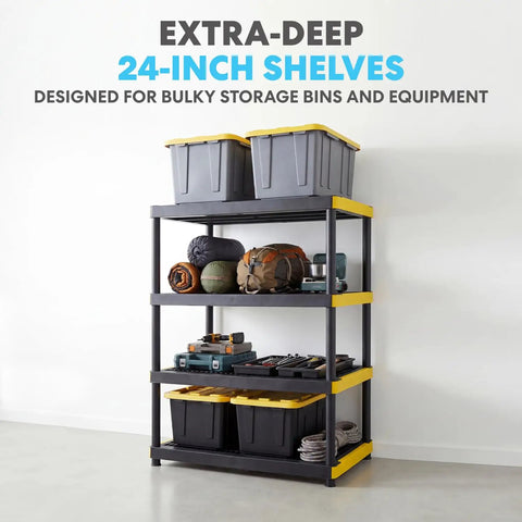 Four Tier Heavy Duty Plastic Storage Shelving Unit With 24 Inch Deep Bins For Garage And Basement Setup Rock Solid Modular Rack with bins and gear.