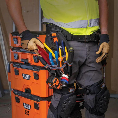 Worker wearing 8 Pocket Electrician Tool Pouch For Quick Attach And Release On Tool Belts And MODBox Rail System.