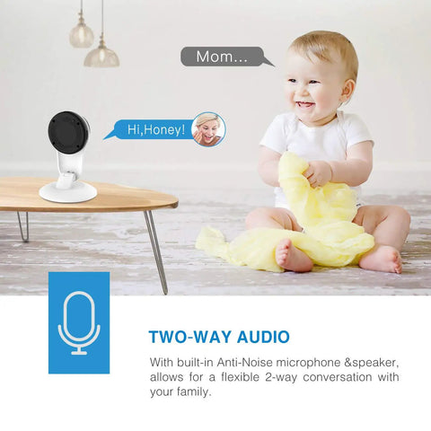 Indoor Smart Camera With 1080P HD Video AI Human Detection Night Vision Two Way Audio 2.4 GHz WiFi Nanny Cam showing two-way audio feature with baby and parent interaction