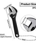 Pocket Size 3 Piece Tiny Adjustable Wrench Set 2.5 Inch Mini Crescent Wrenches with Chain Locking Feature shown with dimensions
