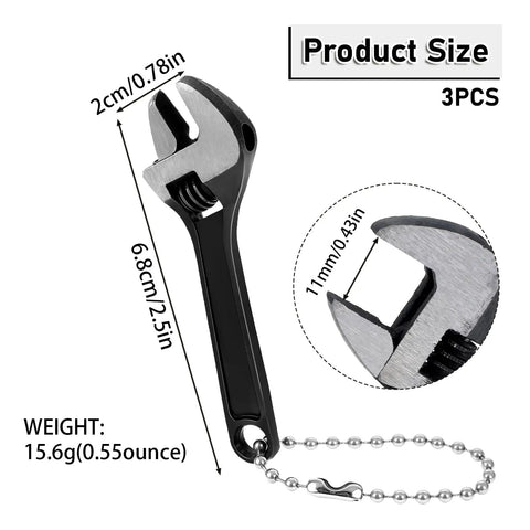 Pocket Size 3 Piece Tiny Adjustable Wrench Set 2.5 Inch Mini Crescent Wrenches with Chain Locking Feature shown with dimensions