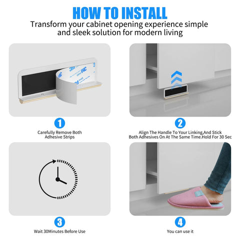 Installation instructions for Trash Cabinet Foot Pull Hands Free Foot Pedal Opener For Drawers Bins And Cabinets with adhesive strips