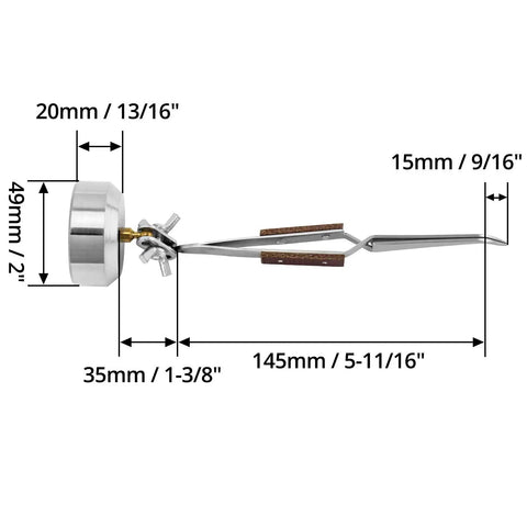 Side view of Third Hand Tweezers with cross locking clamps and 360 degree rotating base for jewelry making, showing dimensions.