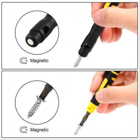 Real Deal Four Piece Mini Pen Screwdriver Kit Featuring Versatile Four In One Double End Bits For Phillips And Flathead Jobs Great For Tight Spaces And On The Fly Fixes showing magnetic tips and precision bit in use.