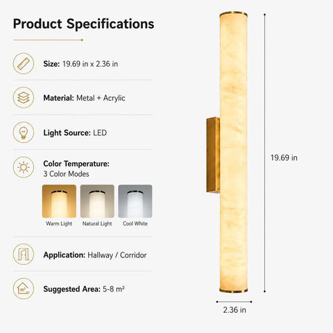 JCQASRT 19.69 in Modern Wall Sconce, 3-Color Changing LED Wall Light Fixture specifications with sizes and materials.