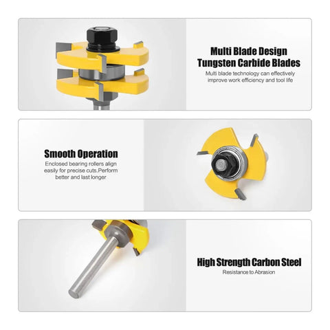 Kickstart Your Woodworking With This Awesome 2PC 6mm Tongue And Groove Router Bit Set Made For Precision T-Slot Joinery On 3/4 Inch Stock For Flooring Paneling And Furniture Projects Without Breaking The Bank showing multi blade tungsten carbide router bit.
