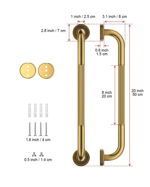 20 Inch Bronze Shower Grab Bar With Anti Slip Knurled Grip Antique Brass Finish shown with installation hardware.