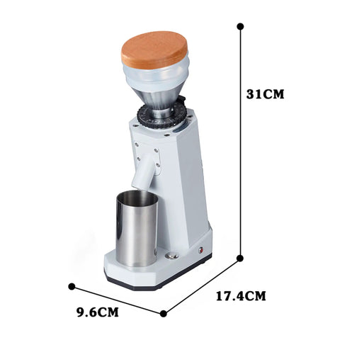 Kickstart Your Daily Grind With This Rock Solid Electric Coffee Grinder Featuring 40Mm Conical Titanium Burrs 19 Straight Forward Settings And A Generous 75G Bean Hopper For Fresh Bold Sips And Zero Hassle Cleanup Guaranteed, showcasing a sleek white design with stainless steel cup.