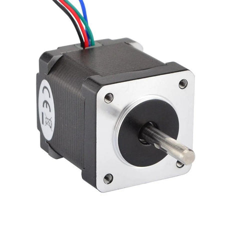 Front view: NEMA 14 bipolar stepper motor with protruding shaft, silver mounting plate and black housing