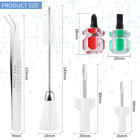 All In One Sewing Machine Cleaning Kit with tweezers, double-headed lint brush, and four mini screwdrivers; product size view.