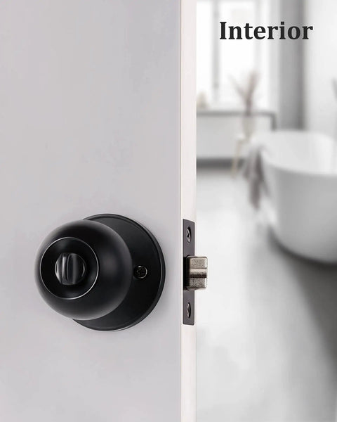 Matte Black Door Knobs With Lock And Keys For Interior Exterior Entry Doors ANSI Grade 3 Built To Last Tough As Nails 200000 Cycles Stainless Steel Knobs With Copper Lock 3 Keys Per Pack Fits Bedroom Or Bathroom installed on door in bathroom interior.