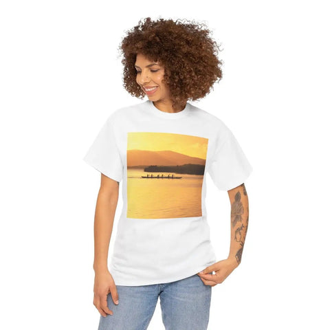Outrigger Canoe Sunset Molokai Hawaii Tee Unisex Heavy Cotton Shirt White Size Large with relaxed fit