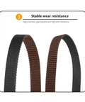 Top Tier GT2 3D Printer Timing Belt With Glass Fiber Reinforcement 9mm Wide 50 Meter Spool, showing black and brown belts for wear resistance.