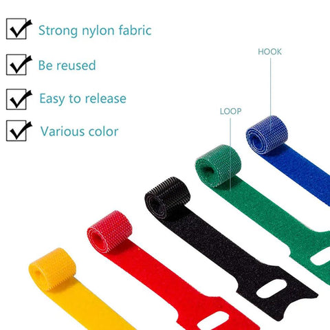 Six Inch Reusable Fabric Cable Ties With Hook And Loop 100 Pack Multi Color Cable Organizer Straps showing hook and loop design