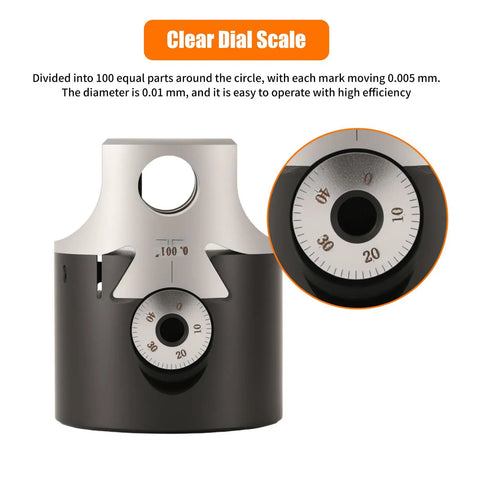 Dial scale of Nine Piece Two Inch Boring Head R8 Shank Tool Set With Half Inch Boring Bar, for precise machining adjustments.