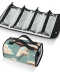 Airplane Themed Travel Makeup Bag Hanging Roll Up Organizer for Women with Four Removable Compartments visible flat and rolled up
