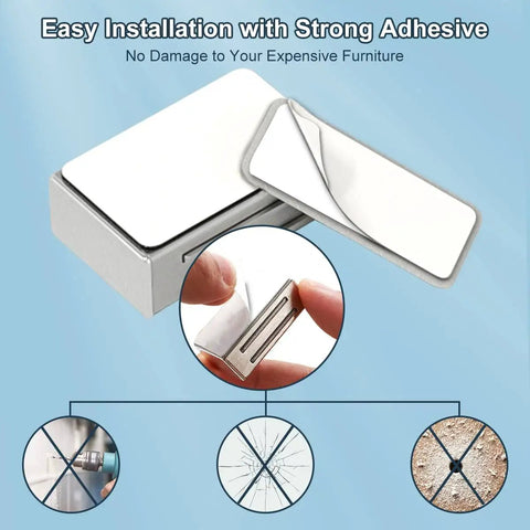 No Drill Adhesive Magnetic Door Catch Set 17lb Holding Force For Kitchen Cabinets Cupboards And Drawers Self Stick Stainless Steel Latch 4 Pack Silver Damage Free Mounting shown with adhesive and installation diagram
