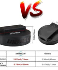 Comparison of two rubber jack pads showing size dimensions, featuring Dual Use Lifting Axle Saddle Adapter Pads, 2 Pack For BMW X3 X5 X6 X7 And Mini, No Fuss Fit, Compatible With 4 To 8 Ton Hydraulic Bottle Jacks And Floor Trolley Jacks, 1.42 Inch Recess, Rubber Jack Pad Pucks For Safer, Level Vehicle Lifting.