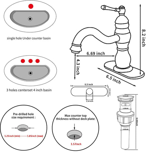 Dimensions and configurations of Matte Black Bathroom Faucet With 360 Degree Swivel, No Fuss Single Handle Vanity Sink Tap For 1 Or 3 Hole Install