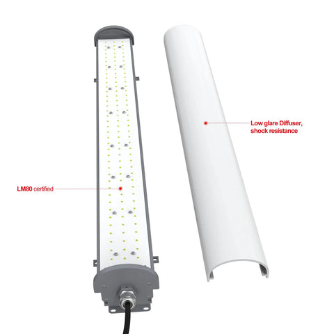 LED Explosion Proof Light 4ft 100W 14000 Lumens Hazardous Location Fixture showing LM80 certified details and diffuser
