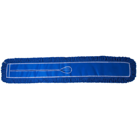 Heavy Duty Commercial Dust Mop Replacement Head Built Like A Tank With Dense Cotton Nylon Strands Runs Slick On Any Surface Industrial Janitorial Refill Universal 60 Inch Frame Takes Care Of Business Blue on a white background.