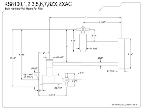 Millennium Pot Filler Faucet, Wall Mount, Single Hole Install, blueprint with 1/2-14 NPT Connection dimensions and details.