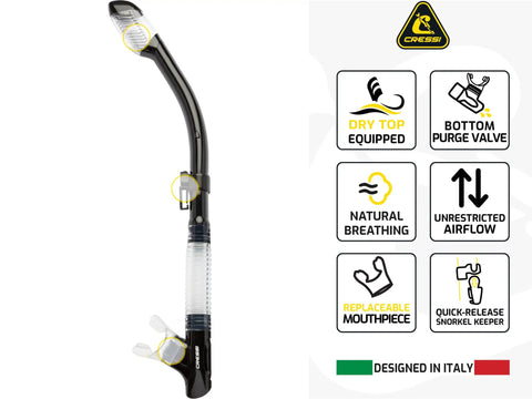 Tao Dry snorkel with dry top, bottom purge valve, replaceable mouthpiece. Part of F-Dual and Tao Dry Snorkel Mask Set With Dry Top.