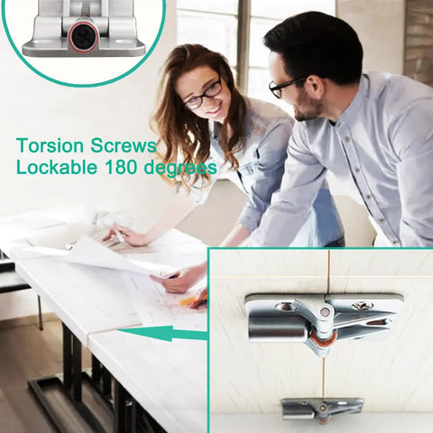 ANTEISI 180-degree adjustable hinge; folding door hardware, two-piece, silver metal; shown installed on a cabinet.