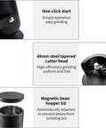Heavy Duty Electric Burr Coffee Grinder With Sixty Fine Adjustments And 48 Millimeter Conical Steel Burrs features one-click start and magnetic lid.