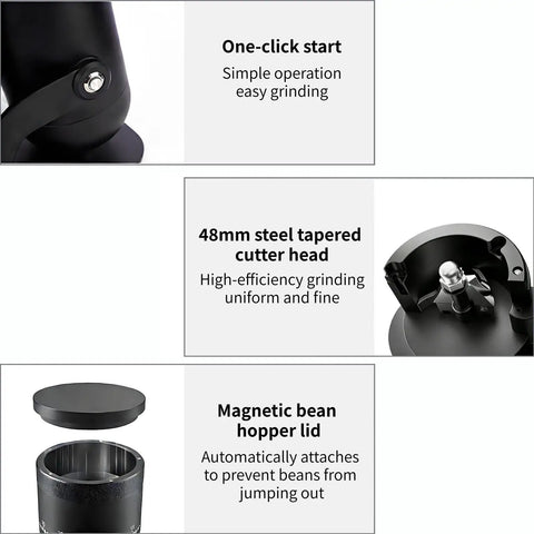 Heavy Duty Electric Burr Coffee Grinder With Sixty Fine Adjustments And 48 Millimeter Conical Steel Burrs features one-click start and magnetic lid.