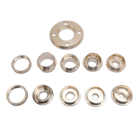 Pro Level Solid Brass Router Jig Bushing Guide Set With Snug Carry Case For Precision Woodworking And Carpentry Projects 11 piece brass bushings shown.